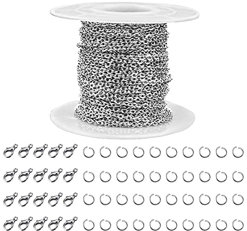 Edelstahl-Schmuckketten für die Schmuckherstellung, silberfarbene Kettenrolle mit 40 offenen Binderingen und 20 Karabinerverschlüssen, silberfarbene Halskette, Gliederkabelkette, DIY-Zubehör (2,0 mm)