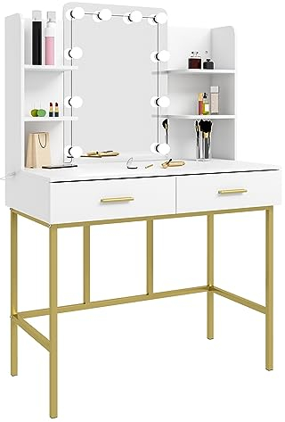 WOLTU Schminktisch mit Spiegel und Beleuchtung, Frisiertisch mit 2 Schubladen und 4 offenen Ablagen, 45 cm Tiefe, Kosmetiktisch für Schlafzimmer, Holz Metall, Weiß Gold, MB6077ws