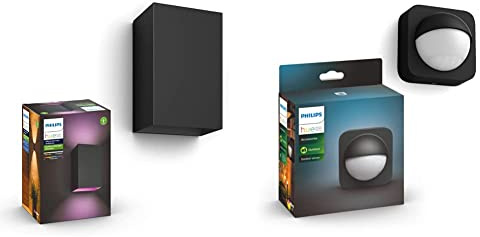 Philips Hue White and Color Ambiance LED Außenwandleuchte Resonate, kompatibel mit Amazon Alexa (Echo, Echo Dot) + Bewegungssensor für den Aussenbereich, integrierter Tageslichtsensor, Schwarz