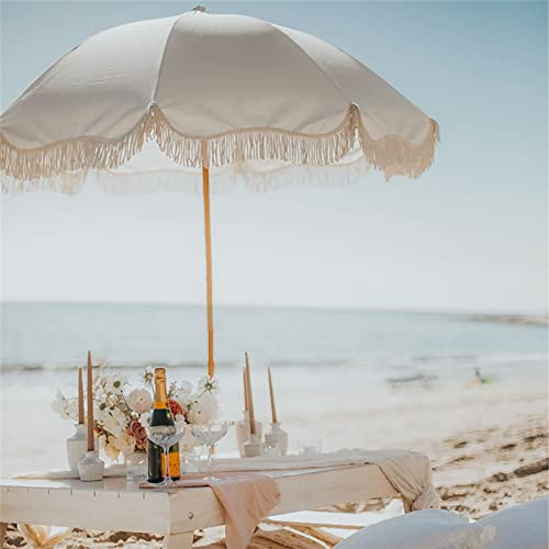 Sombrilla De Playa con Borla Blanca 2M,Sombrilla De Jardín Retro De Lujo,Borla De Algodón Puro + Superficie De Poliéster,Protección Solar Parasol,Sombrilla Al Aire Libre para Patio (Color : No Base)