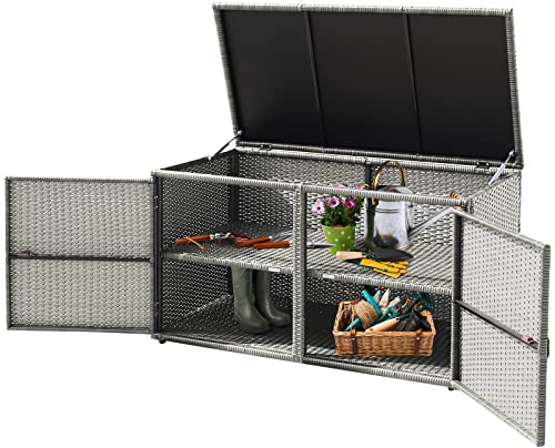 GOPLUS Coffre de Rangement en Rotin PE avec 2 Étagères, Boîte de Rangement Jardin Extérieur avec Couvercle à Charnière et 2 Portes, Malle de Rangement avec Patins Antidérapant, 115X60X65CM