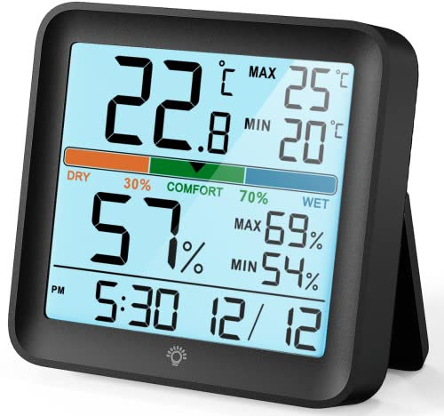 Noklead Termometro Igrometro Digitale-Misuratore Umidità Ambiente Monitor Accurato Della Temperatura Indicatore di Comfort Dell'Aria Luce Max Min Records,Nero