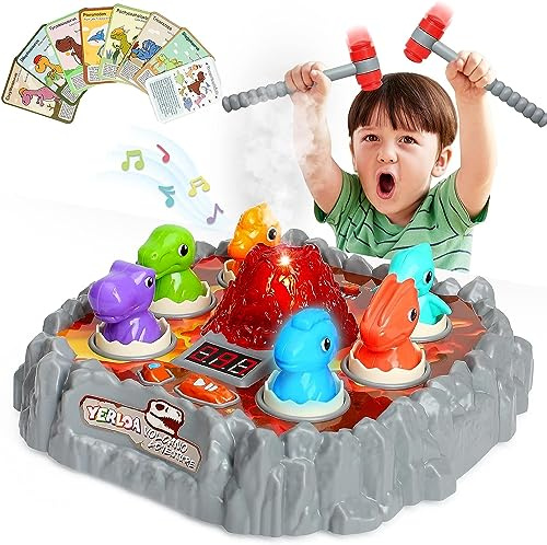 Yerloa Jeu de la Taupe pour Les Tout-Petits, Jouets interactifs Dinosaures pour Enfants de 3 à 5 Ans, garçons/Filles avec Son et lumière, Jouet Volcan en Spray 3 4 5 6 7 Ans avec 2 marteaux Souples