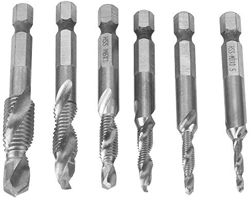 HSS Combo Tap Set 6PCS M3/M4/M5/M6/M8/M10 Acier Haute Vitesse 6.35mm Hex Shank Composite Tarauds pour Métal Doux Aluminium Fer (Métrique Argent 4341 Lot de 6)