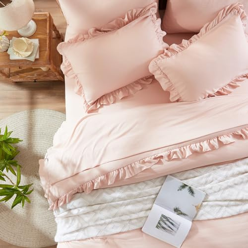 Anluoer Queen Comforter Set 7 Piece, Pink Bed in a Bag with Sheets, All Season Ruffle Shabby Chic Bedding Sets with 1 Comforter, 2 Pillow Shams, 2 Pillowcases, 1 Flat Sheet, 1 Fitted Sheet
