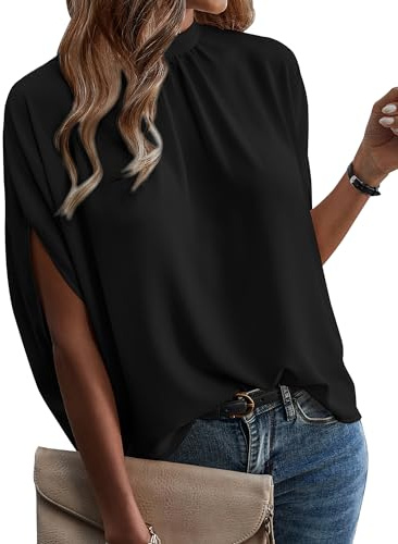 ONAYEYO Damen Elegant Bluse Casual Lose Tunika Shirt Hinten Schnüren Verspotten Nacken Dolman-Ärmel Oberteil T Shirt Sommer Einfarbig Top (L, Schwarz)