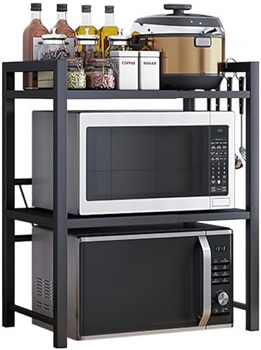 FS-PINGXIANG Expandable Microwave Shelf, 3 Tier Microwave Stand,Microwave Oven Rack with 6 Hooks,Microwave Shelf Stand, Desktop Printer Shelf Rack, Bakers Rack,Kitchen Countertop Organiser Shelves