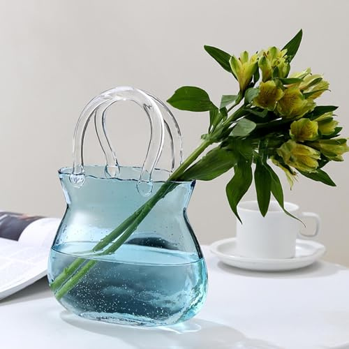 Purse Vase | Glass Purse Vase for Flowers | Handbags Unique Flower Vase | Glass Purse for Drinks | Clear Bag Vase with Handle | for Centerpieces Wedding Table Decorations