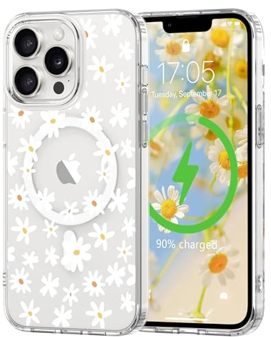 L-FADNUT für iPhone 13 Pro Hülle Transparent Blumen Muster Weiß | Magnetisch Handyhülle Kompatibel mit MagSafe, Durchsichtig Schutzhülle Hart PC Rückseite Dünne Stoßfest Kratzfestes Case