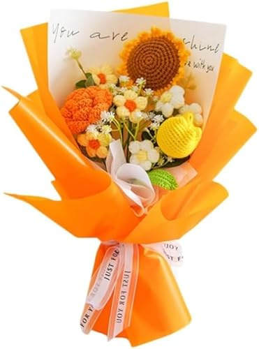 janeunique Gehäkelter Blumenstrauß mit Sonnenblume, Handgemachte Künstliche Blumen, Allergikerfreundliche Frühlingsdeko & Tischdeko für Wohnzimmer