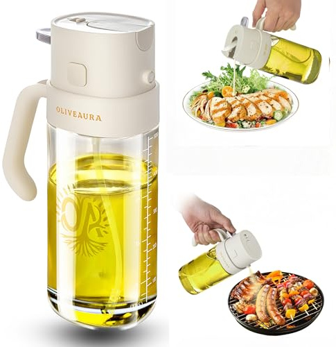 Oliveaura Oil Duo – 2-in-1 Oil Dispenser & Sprayer for Cooking, BBQ, and Air Fryer | 500ml BPA-Free Mister with Ultra-Fine Mist, Non-Slip Base, ml & Tbsp Scale, 13 Labels (White)