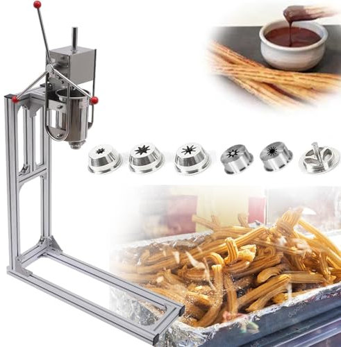 Qiang Macchina Churro Manuale 3l/5l/7l Macchina Riempimento Churro Frutta Latina Commerciale in Acciaio Inox con Supporto Lavoro E 6 Ugelli,per Realizzare Diverse Forme Bastoncini Pasta Fritta,5L