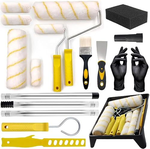 WANCHIY 19 Piece Paint Roller Kit with Microfibre Rollers,Yellow | 9& 4 Roller, Wall Decorating Tools, Smooth Finish for Walls, Ceilings and Skirting Boards