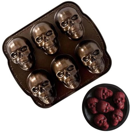 gafdu Totenkopf-Backform, Totenkopf-Schokoladenform | Totenkopf-Ofenform aus Aluminiumlegierung, 6 Mulden, goldfarben - Gruselige -Totenkopf-Kuchenform, temperaturbeständige Backform für