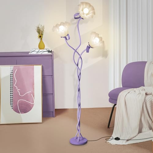 Flower Standing Lamp for Bedroom, Cute Corner Floor Lamp with Flexible Gooseneck, 3 Light Floor Reading Lamp with 3 Color Temperatures, Bulbs Included, Tall Floor Lamp for Living Room Corner(Purple)
