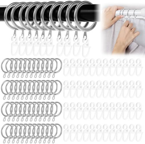50 Pack Metal Curtain Rings and Hooks, 30mm Inner Diameter Metal Curtain Hoops, CurtainPole Ring with Plastic Hooks Drape Sliding Eyelet Rings for CurtainPoles, Drapery, Shower Hanging(Silver)