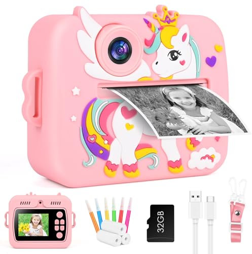 Macchina Fotografica Istantanea Bambini, 2,4 Pollici 1080P Fotocamera Digitale Selfie con 32GB Scheda e Carta Fotografica, Regali Giornata da 3-12 Anni (Rosa)