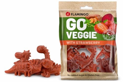 Flamingo Leckerli Hund – Veggie Dino mit Erdbeere groß – 120g – glutenfrei – kalorienarm – Zahnpflege Snack