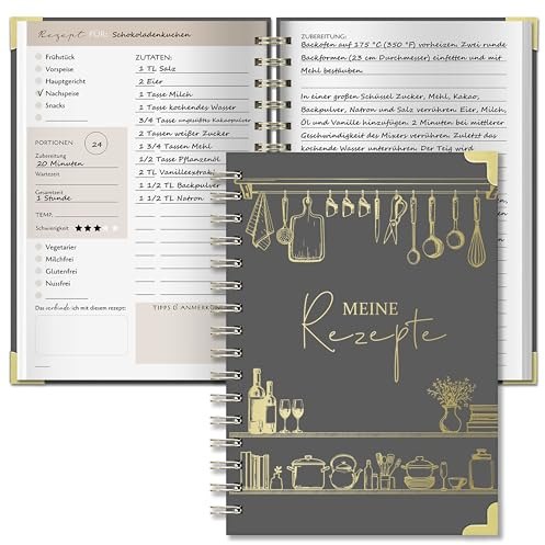 BIROYAL Rezeptbuch zum Selberschreiben A5, 120g Papier, Spiralbindung | Eigenes Kochbuch mit Umrechnungstabelle & Inhaltsverzeichnis, Platz für 100 Rezepte, Doppelseite pro Rezept, für Hobbyköche