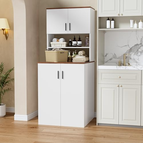 Mobile armadio per lavatrice con 2 Ante 68x68x170CM Mobile alto per il bagno con scaffali Regolabili & Ampio spazio di archiviazione Mobiletto per Lavatrice Mobile da Bagno Salvaspazio Noce + Bianco