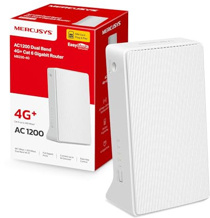 Mercusys TP-Link MB230-4G Router 4G+ Cat6 LTE, Wireless AC1200Mbps Dual-Band, WiFi Router with Sim, LAN/WAN Port, 4G Sim Modem, Without Configuration, External Antenna Ports