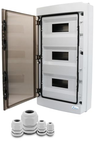 ARLI Sicherungskasten IP65 Aufputz 36 Module mit 40x Kabelverschraubung M12 M16 M20 M25 Grau Feuchtraumverteiler Set Kunststoff mit transparenter Tür inkl. Hutschiene