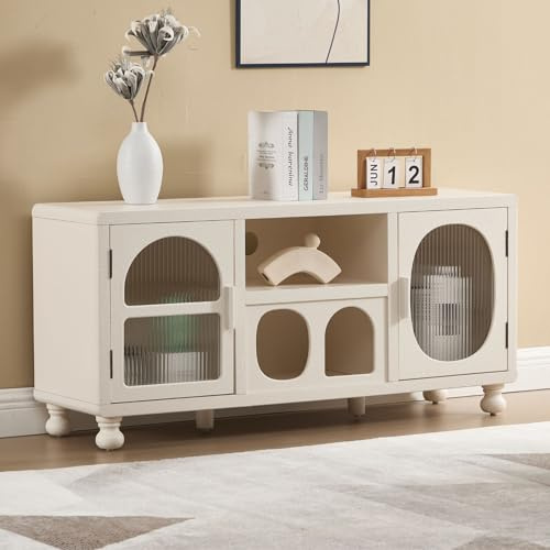 Ya-Home Buffet Salon Bas avec Portes en Verre, Meuble de Rangement, Blanc