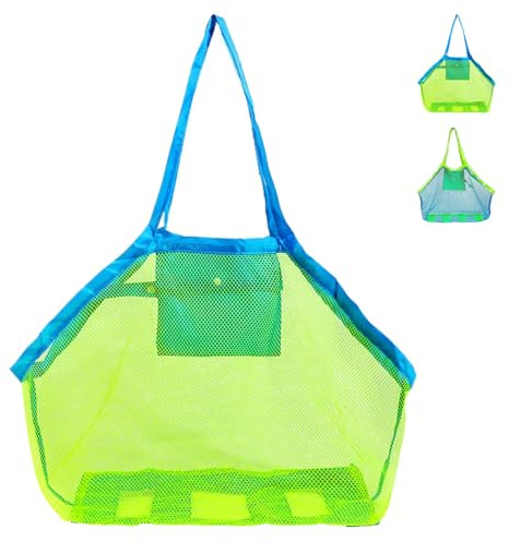 Sumneo Strandtasche XXL Groß Faltbar, Tragetasche für Sandspielzeug & Wasserspielzeug, Aufräumbeutel für Kinder, Leichte Badetasche für Strand, Schwimmbad, Urlaub mit Familie (Blau, Mesh Netz) (Grün)