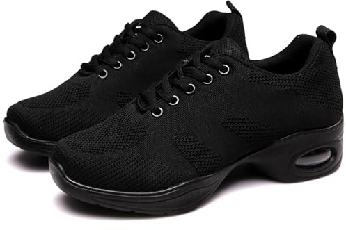 Hiuzylqx Dam Jazzdansskor Snörning Mesh Danssneakers Casual Luftkudde Platå Promenadskor Latin Ballroom Skor,Black,39 EU