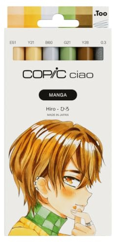 Copic Ciao MANGA Set Hiro, Marker Set mit 5 warmen Gelb- und Brauntönen inkl. 1 Multiliner 0,3 mm in Grau, Twin Marker mit einer mittelbreiten und einer Brush Spitze