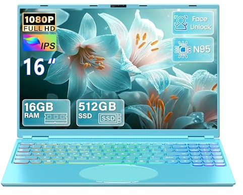 2026 16 Inch Laptop Green, 512GB SSD, 16GB DDR4 RAM, Quad-Core N95 CPU | up to 3.4GHz (beat 3250C N5105), FHD IPS Screen, Face Login, Color backlit keyboard, HDMI, USB 3.0, 5000mAh Student Notebook