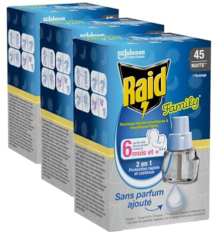 Raid Family Recharge Diffuseur Electrique Liquide - Moustiques et Moustiques Tigres 45 Nuits - Sans Parfum Ajouté - 1 Recharge (Lot de 3)