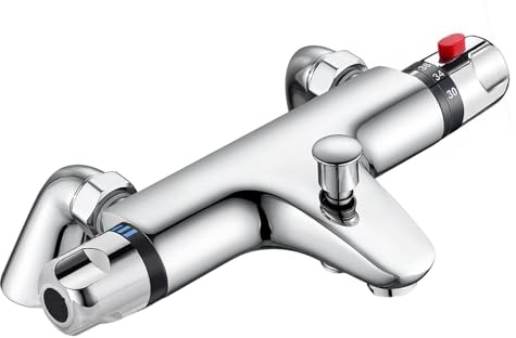 Thermostatic Bath Shower Mixer Tap, Solid Brass Thermostatic Bathtub Shower Mixer Bar Valve with Temperature Control, Modern Chrome Deck Mounted Bath Tub Taps (G-3/4)