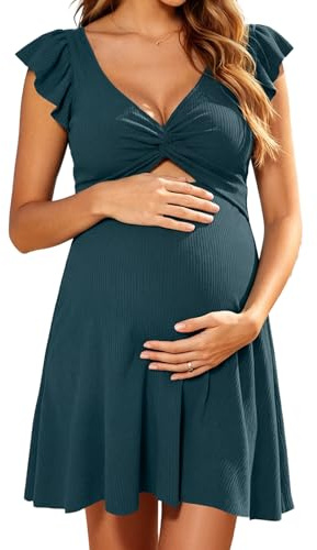 SHEKINI Maternity One Piece Swim Dress Ribbed Ruffle Sleeve Swimsuit | V Neck Pregnancy Bathing Suit, A Line Tummy Control Swimwear, Twisted Cutout Front, Removable Pads