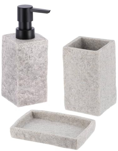 Tendance - Set Gobelet Distributeur à Savon et Porte Savon Polyrésine Effet Pierre - Gris - Salle de Bain - Accessoire Salle de Bain à Poser