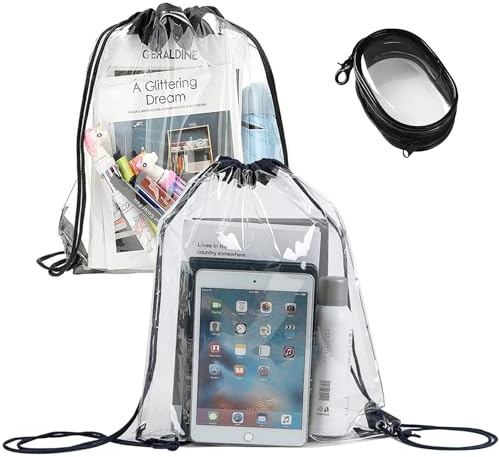 Yeria 2 Stück Durchsichtiger Rucksack mit Kordelzug + Transparentes PVC Reißverschluss-Etui, Clear Bag Festival Set, Wasserdichte Transparente Tasche 43x34 cm für Konzert, Sicherheitskontrolle & Sport