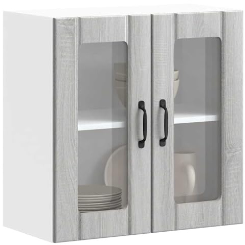 Fecpoo Küchen-Hängeschrank mit Glasfront Lucca, 60 cm breit, Holzwerkstoff & Glas, Grau Sonoma, platzsparend an der Wand