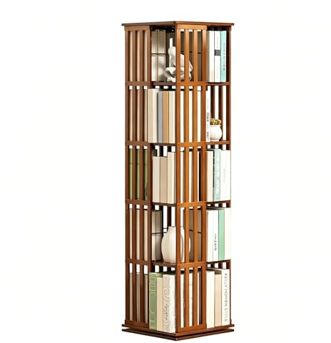 YUJEYHD Drehbares Bambus-Bücherregal 5 Etagen, 37x149 cm, Freistehend Eckregal, Kinderzimmer Aufbewahrungsregal aus gesundem Bambus, Platzsparend für Wohnzimmer, Büro
