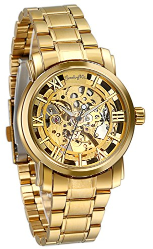 JewelryWe Herren Armbanduhr, Business Casual Skelett mechanische Mechanik Uhr mit Edelstahl Armband, Gold Farben