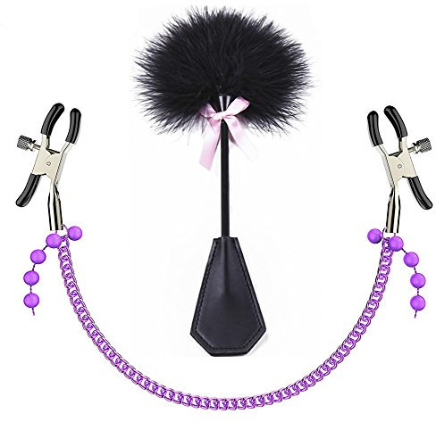 Piuma frusta in piuma kitzler erotico pagaia Flogger Frustino con raccordo Morsetti zwickmuehle, capezzolo regolabili in pelle di alta qualità In Metallo Per SM Sex Strap Flogger