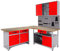 Ondis24 Werkstatt Ecklösung Basic One, 120 + 60 cm Holzarbeitsplatte, 2X Werkbank, 1x Werkzeugschrank, Stahl, abschließbar, Werkzeugwand - Lochwand, 1x Haken Set (Arbeitshöhe 85 cm, rot)