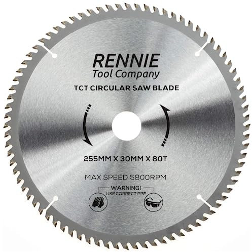Rennie Tools Kreissägeblatt für Holz, 255 mm x 30 mm x 80 Zähne, inkl. Reduzierringe mit 25 mm, 20 mm und 16 mm Bohrung. Kompatibel mit Bosch, Makita, Dewalt Kreissägen usw. Passend für 254 mm