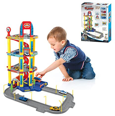 kidoloop 4-Storey Kids Parking Lot Garage Toy Playset with 4 Cars Street Loop Playset Toy, Car Wash Section, Fuel Station Area, Auto-Raising Lift, Spiral Ramps, Building Construction Educational Toys