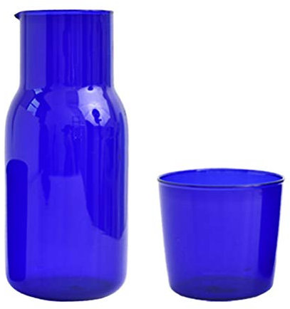 DOITOOL 1 set di caraffa per acqua da comodino in vetro, set di caraffa per comodino con bicchiere di vetro, bottiglia per collutorio in vetro per il bagno, colore: blu