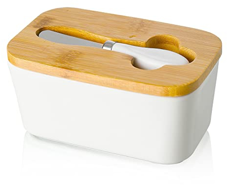 Candiicap Butterdose Porzellan, Butterschale mit Holzdeckel und Buttermesser, Keramik Butterdose mit Silikon-Dichtlippe für Alle Arten von Butter (Matt Weiß)