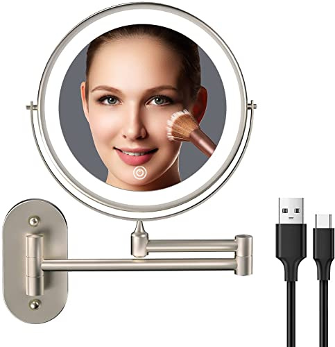 Rechargeable Wall Mounted Lighted Makeup Vanity Mirror 8 Inch Double Sided 1X 10X Magnifying Bathroom Mirror, 3 Color Lighting, Touch Screen Dimming, Extended Arm 360 Rotation Shaving Light up Mirror