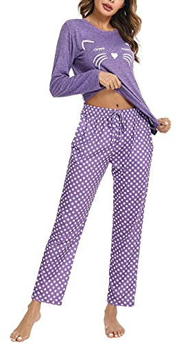 Uniexcosm Pyjamas dam, Pyjamas Kvinnor Katt Pyjamas Kvinnor Bomull Långärmad Hemkläder Sömn Tryck Rund Hals Pyjamas Kvinnor 2 Stycken Mjuk för Casual, A: lila, S