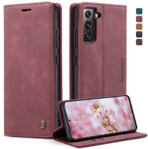 CaseMe Handyhülle für Samsung Galaxy S22 5G Hülle Premium Leder Klappbar Flip Case Magnet Kartenfach Standfunktion Tasche Schutzhülle für Samsung Galaxy S22 5G (6.1 Zoll) - Weinrot