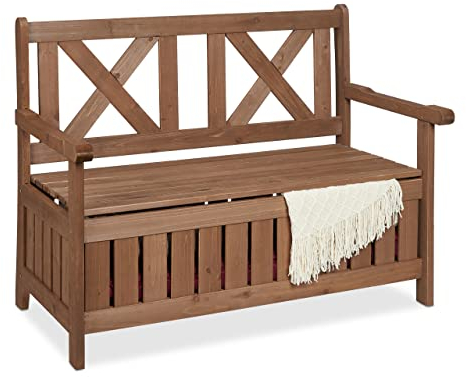 Relaxdays Panchina da Giardino, 2 Persone, Scomparto per Cuscini e Coperte, Legno d'Abete, HxLxP 85x115x60 cm, Marrone