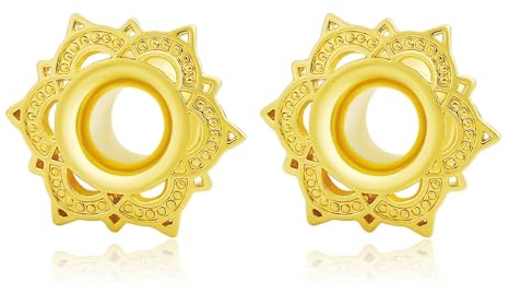 Lieson Ear Flesh Tunnel, 2 Stück Tunnel Set Chirurgenstahl Vintage Blume 14mm Ohr Plug Gold